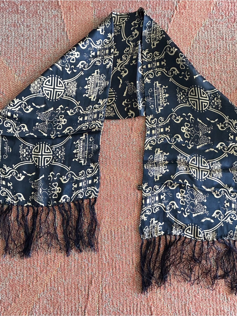 100% Silk Chinoiserie Pagoda Scarf Navy Blue Gold Fringe Wrap